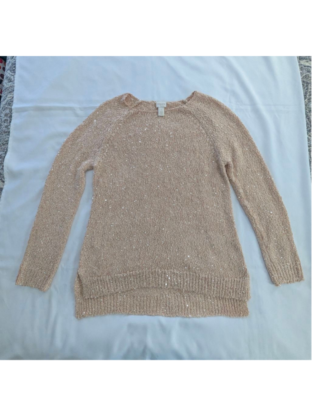 Women's Chico's Beige Sequin Crew Neck Sweater Size M